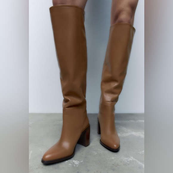 Zara Brown Heeled Knee High Leather Boots - Picture 16 of 17